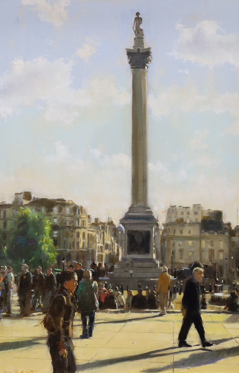 British School, late 20th century, oil on canvas, Trafalgar Square, indistinctly signed, 75 x 49cm